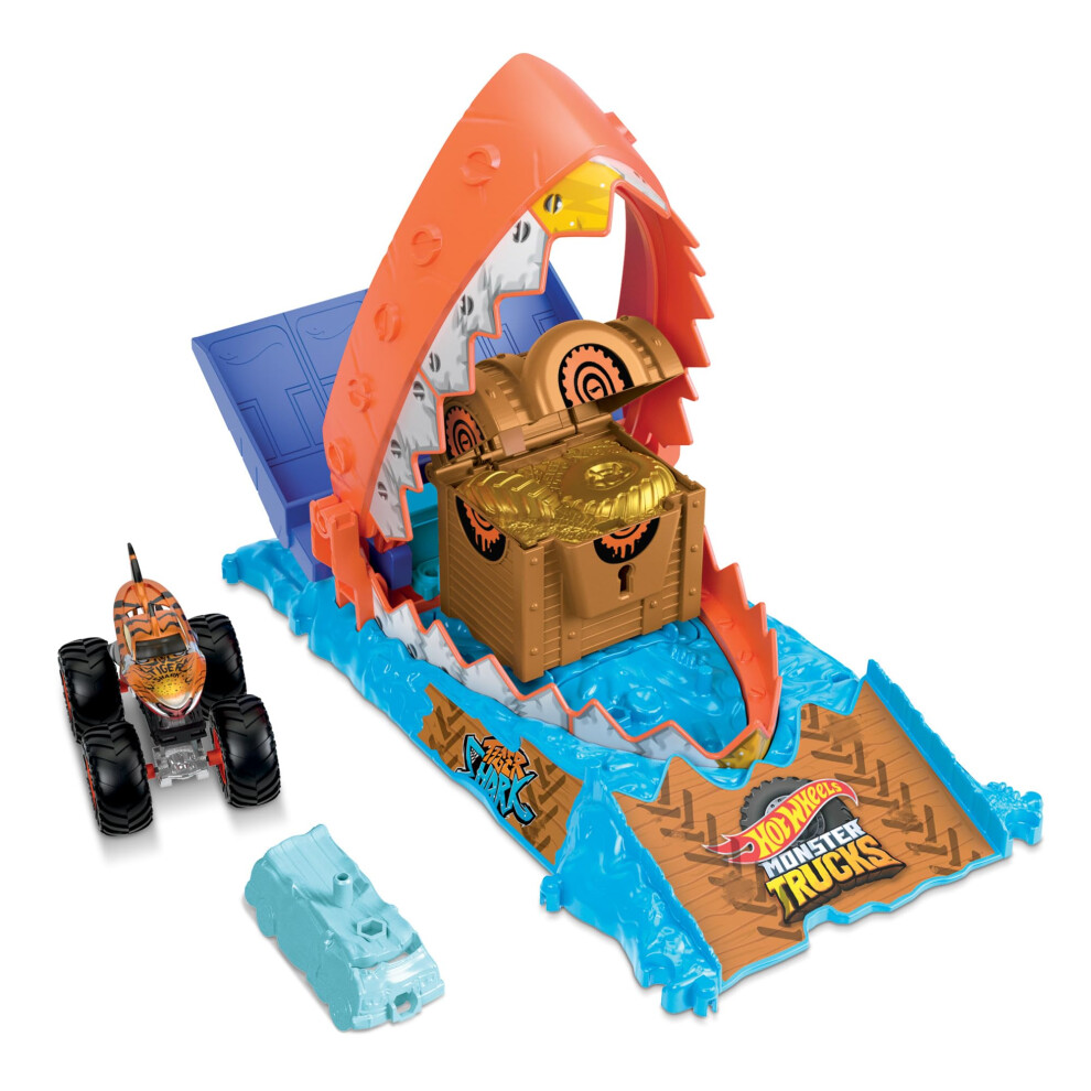 Hot Wheels Monster Trucks Arena Smashers Treasure Chomp Challenge Playset With 1:64 Scale Tiger Shark Toy Monster Truck & 1 Crushed Car, Htp17