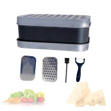 Cheese Grater Set with Container, 2 Stainless Steel Cutters, Lid, Peeler & Cleaning Brush - Kitchen Vegetables Chopper Set (Black)