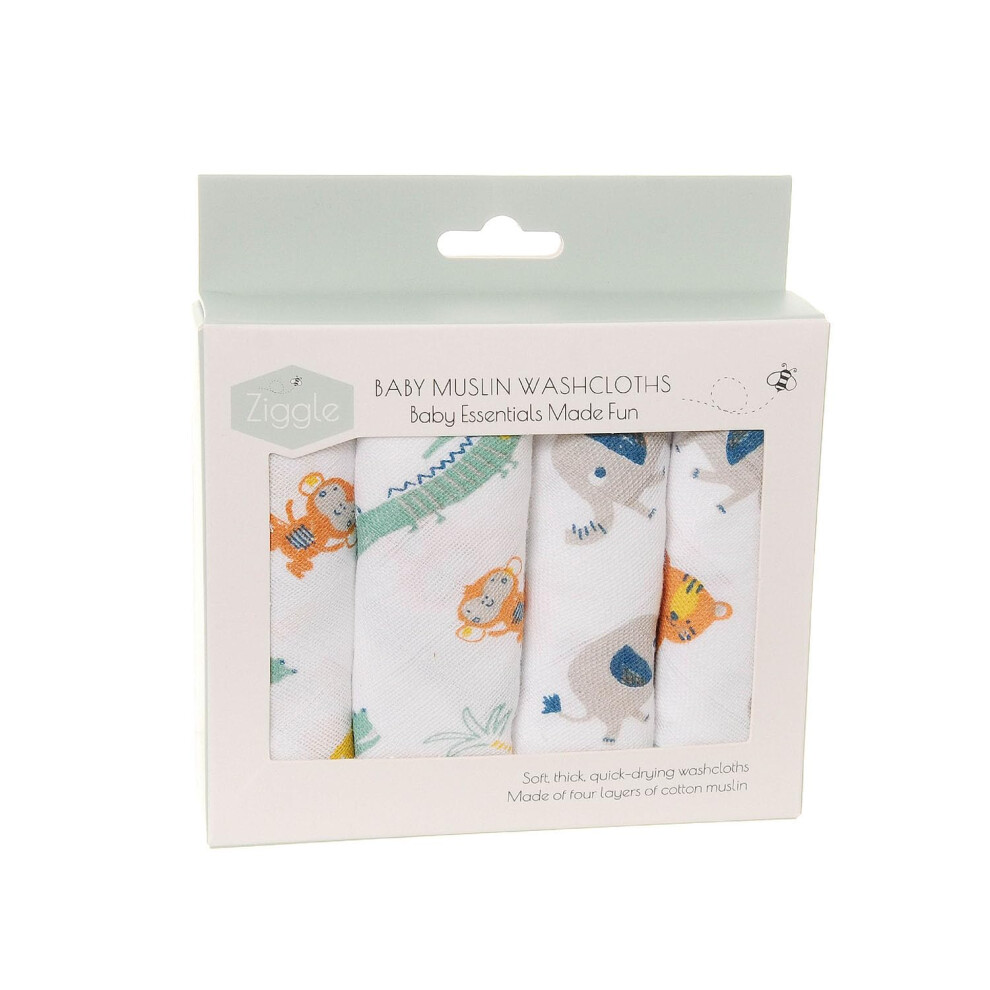 Set Of 4 Savanna Animals Baby Muslin Washcloths - Baby Swaddle, Baby Blanket, Newborn Essentials, Wash Cloth - Baby Muslins Pack, Eco Friendly Wash Ziggle