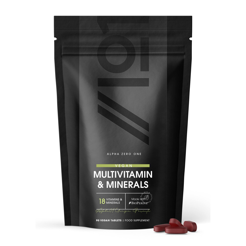 Alpha01 Vegan Multivitamins & Minerals With Bioperine | 18 Essential Vitamins & Minerals With High Strength Vitamin C, K, Zinc, B12 & D3-3 Months Supply