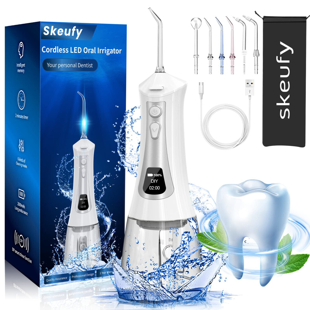 Water Flossers Cordless Tooth Cleaner with LED Display, DIY and 5 Cleaning Modes Dental Oral Irrigator, 6 Jet Tips, USB Interface & IPX7 Waterproof,