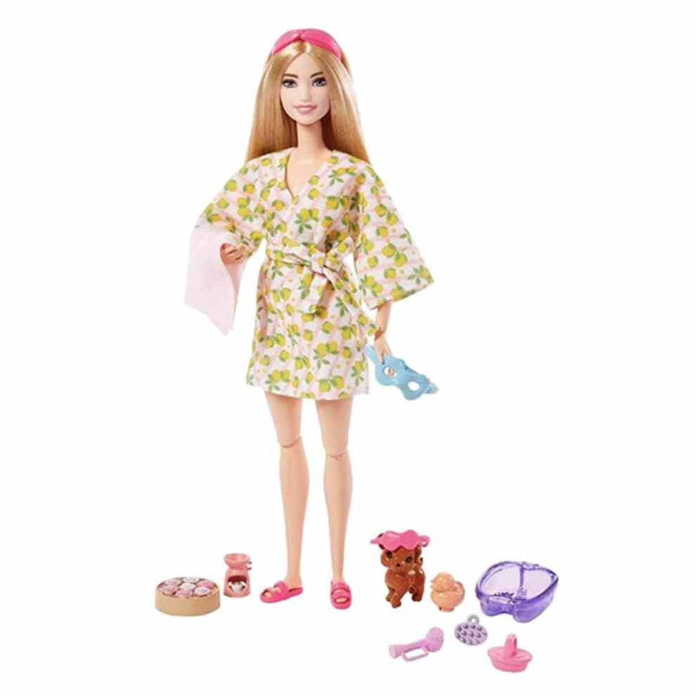 Doll, Kids Toys, Blonde Doll with Pet Puppy, Barbie Sets, Spa Day, Lemon Print Bathrobe, Headband and Eye Mask, Self-Care Series, HKT90