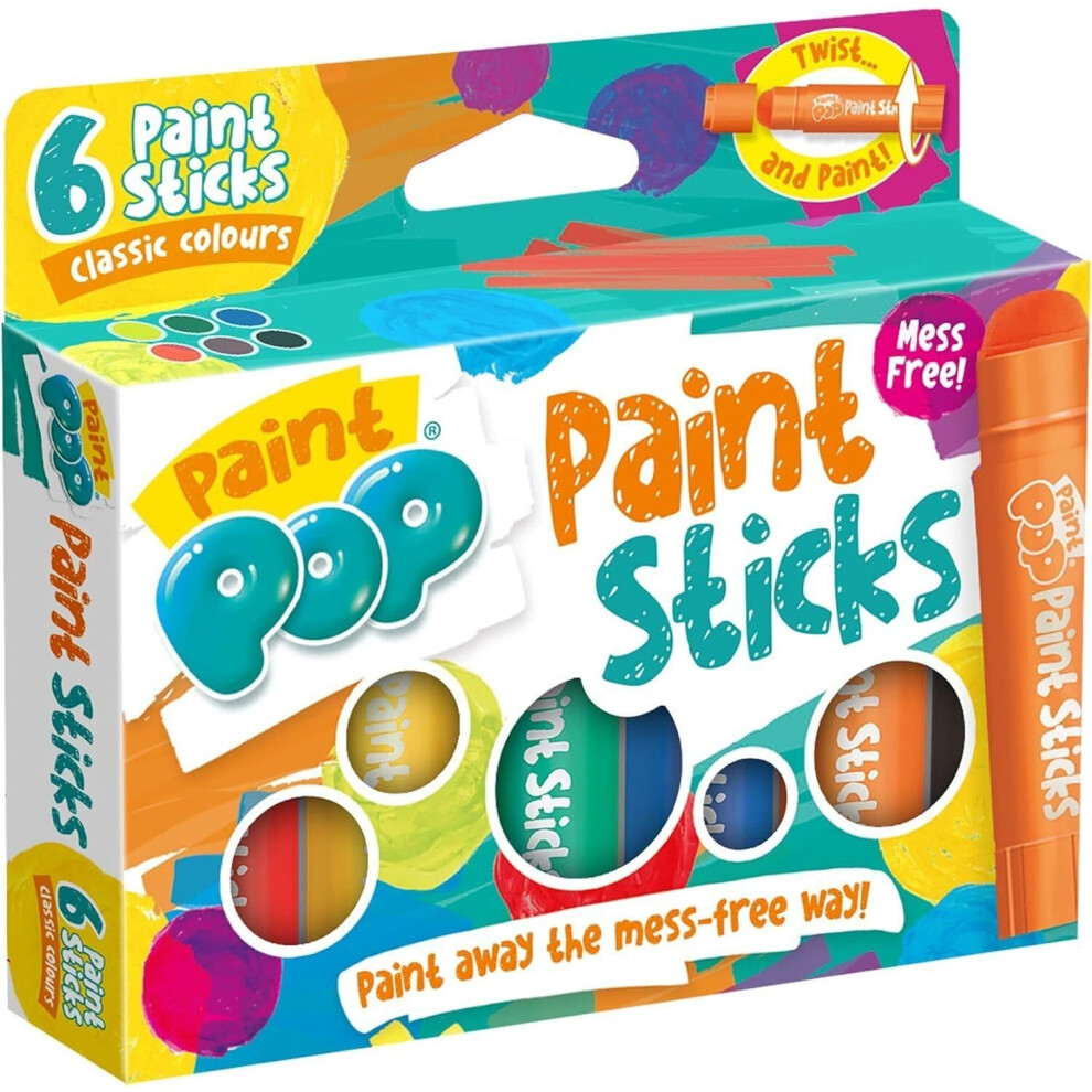 Paint Sticks For Kids - 6 Pack Classic Assorted Colours - Twist & Paint, Mess-Free, Fast Drying Action, Easy Clean Up, Vibrant Colours, Multi-Surface