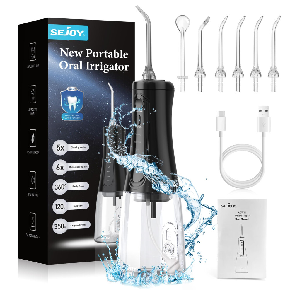 Sejoy Water Flosser Aow11 Cordless Rechargeable, 350Ml Tank, 5 Modes, 8 Jet Tips, Ipx7 Waterproof Dental Oral Irrigator For Home & Travel