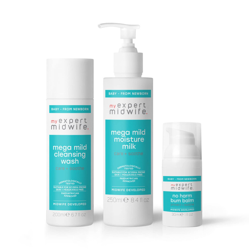 My Expert Midwife Newborn Baby Mega Mild Skincare Essentials Kit With Mega Mild Cleansing Baby Body Wash, Mega Mild Moisture Milk Baby Cream And No Harm Bum Balm Nappy