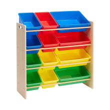 Kids' Toy Storage Organiser with 12 Plastic Bins, Natural Wood with Bright Bins, 27.7 D x 85.3 W x 79 H cm