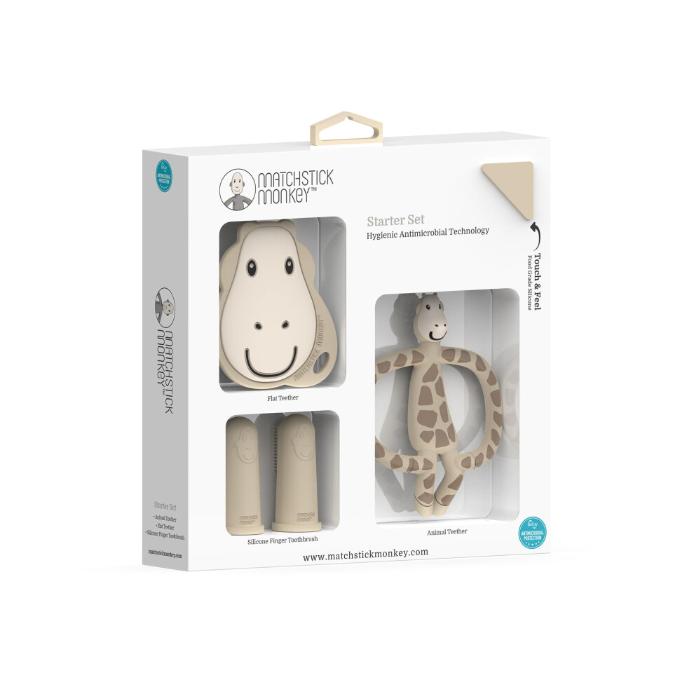 Matchstick Monkey , Antimicrobial Teething Starter Set - 1 Flat Face Teether, 1 Animal Teether, 2 Silicone Finger Toothbrushes, 3 Months Old+, Gigi - Image 4