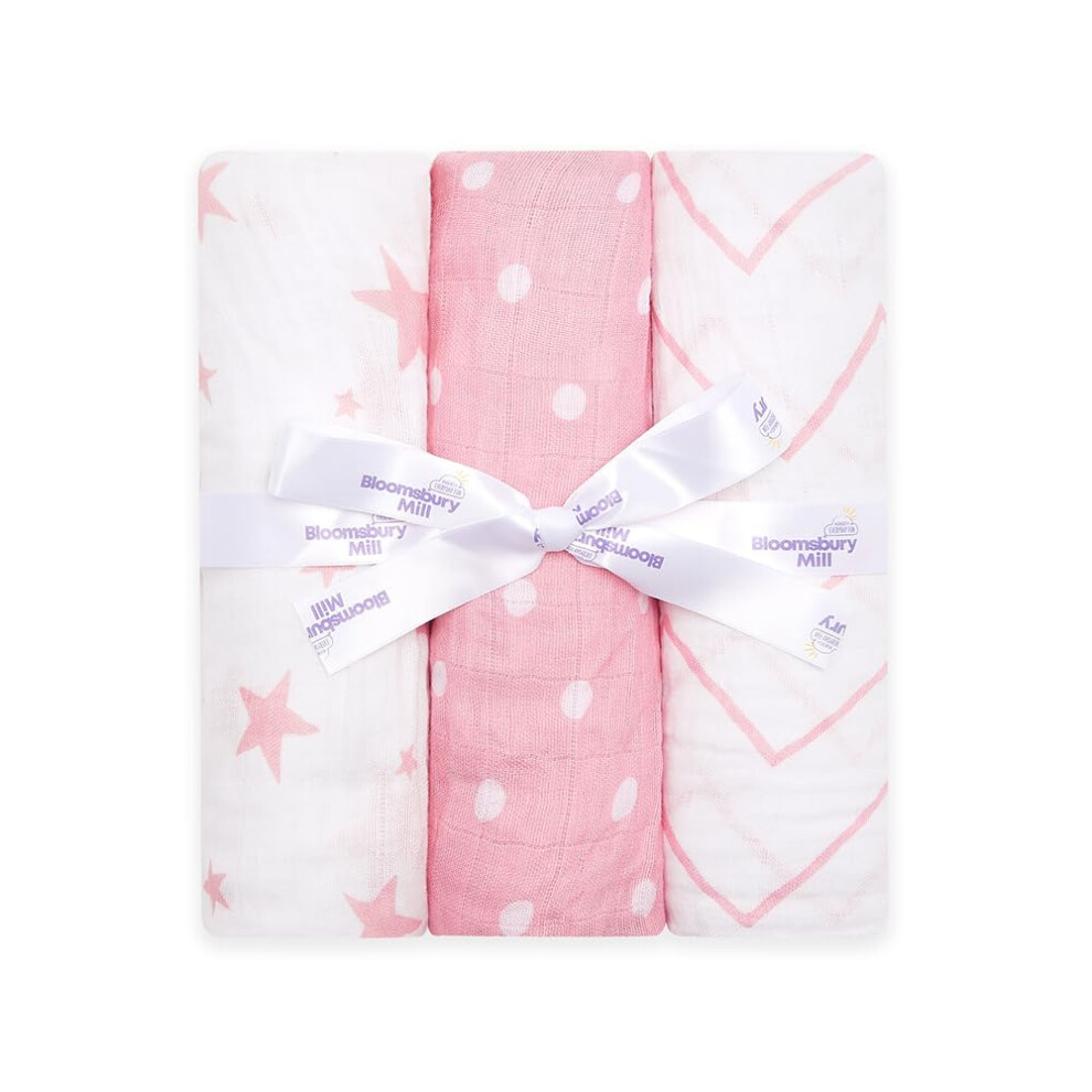 Bloomsbury Mill - Baby Swaddle Blanket - Soft 100% Organic Cotton Swaddles For Newborn - Large Muslin Cloths For Baby Girls - Pack Of 3 - Baby Essentials For Newborn