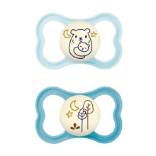 Rubber Air Night Soothers 16+ Months (Pack of 2), Glow in The Dark Baby Soothers with Self Sterilising Travel Case, Newborn Essentials, Blue, (Designs