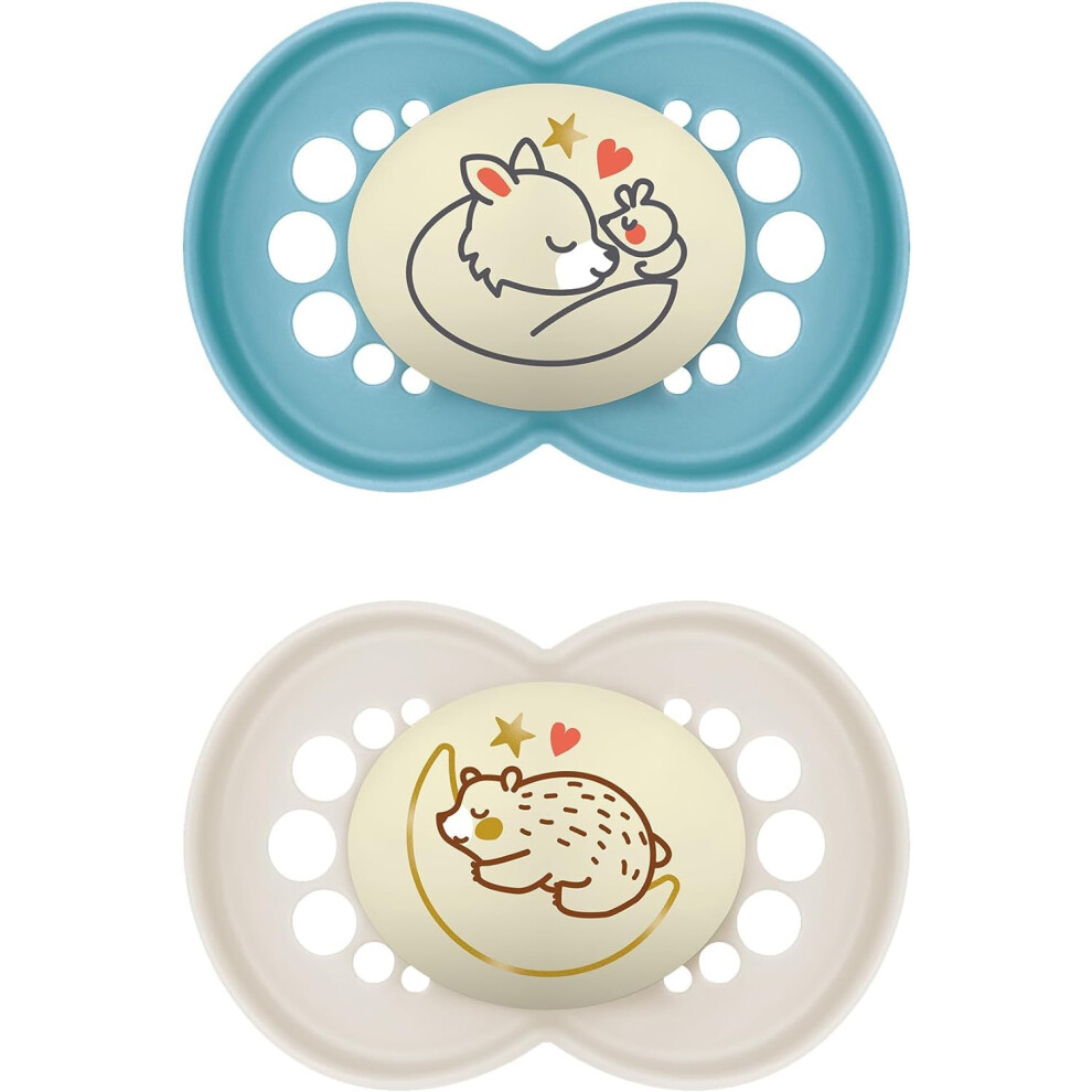 Original Night Soother 6+ Months (Set Of 2), Sustainable Baby Soother, Skinsoft Silicone Teat, Glow In The Soother, (Designs May Vary) Dark/Blue Mam