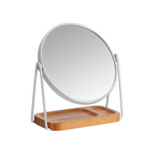 Round Dressing Tabletop Mount Mirror with Rectangle Bamboo Tray --1X/5X Magnification, Silver, 18.3 cm x 8.5 cm (L x W)