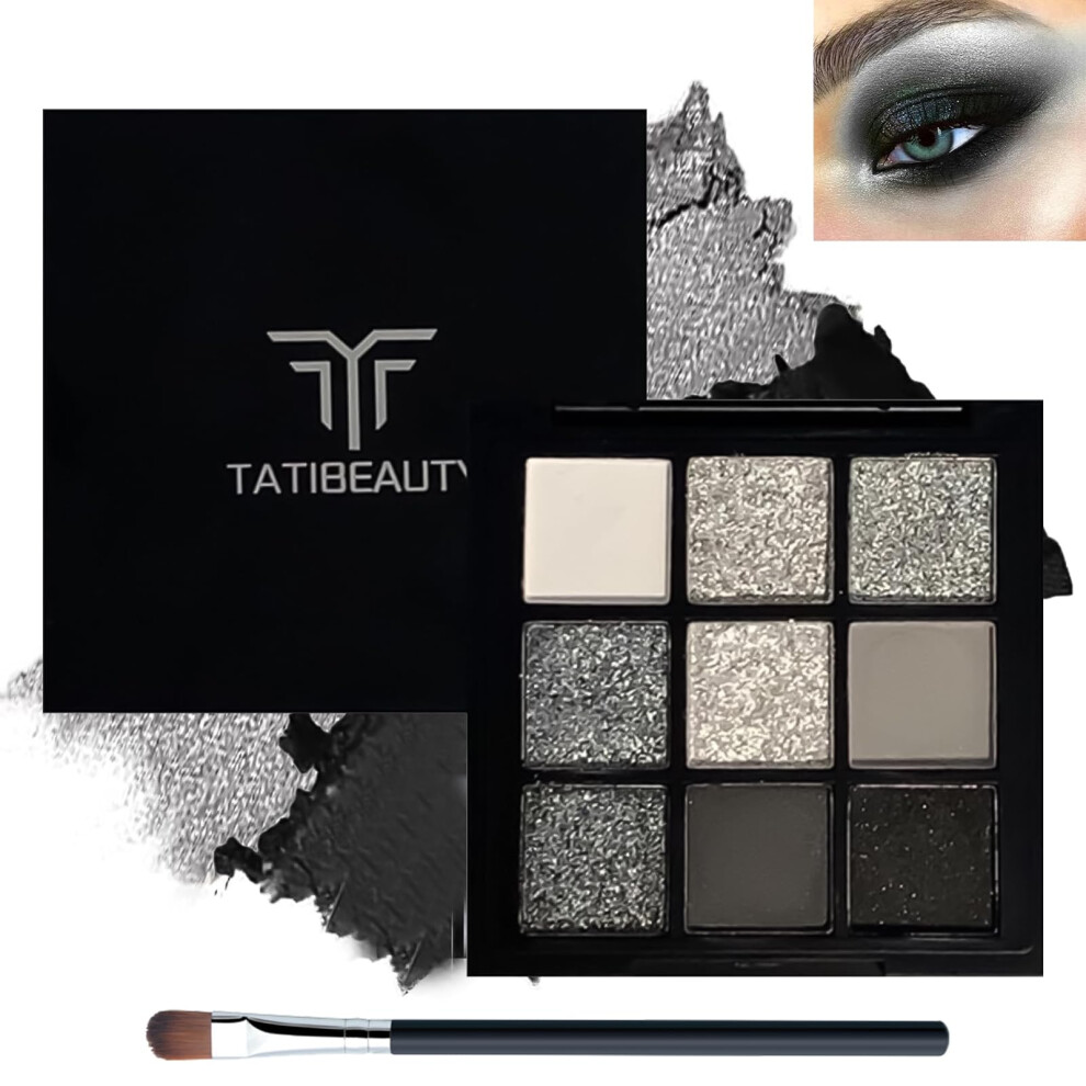 Silver Eyeshadow Black Eyeshadow Palette, Smokey Glitter Silver Gothic Eye Shadow 9 Colors Black Silver Gray White Eyeshadow Makeup