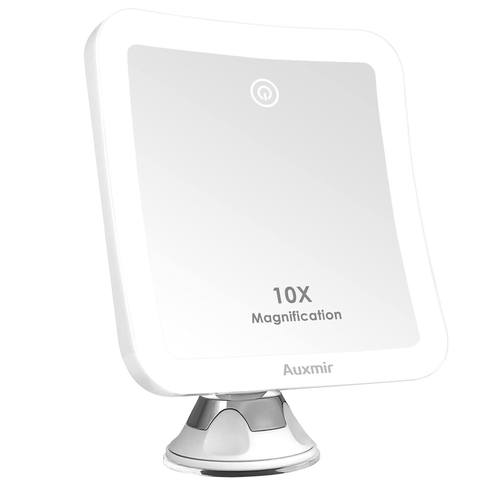 10X Magnifying Mirror with Light, Dimmable 3-Color LED Makeup Mirror with Locking Suction Cup, 360 Rotating Rechargeable Vanity Mirror for Bathroom,