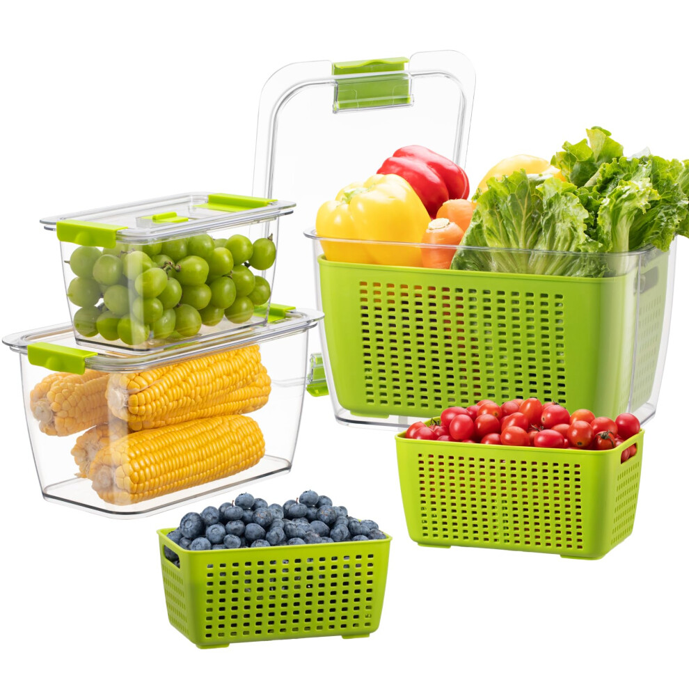 Luxear Set Di 3 Contenitori Verdura Frutta Per Frigorifero, Contenitore Alimentari Ermetico Con Scolapasta E Coperchio 4L+1,7L+0,5L, Contenitori Plastica Senza Bpa Per Insalata Formaggio, Verde-image