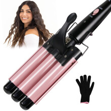 3 Barrel Hair Waver 25mm Beach Wave Hair Curler with 2 Temperature Adjustments, Ceramic Curling Iron with Heat-Resistant Glove for Long Medium Short