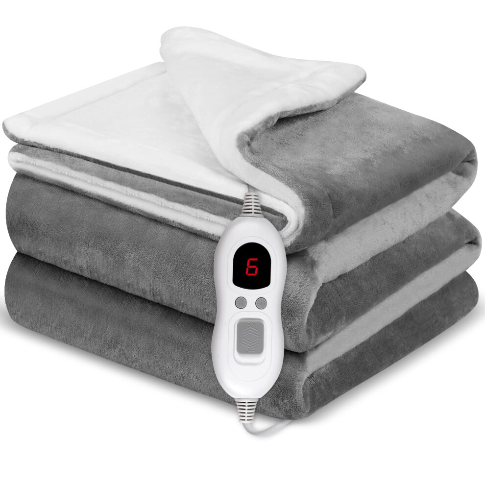 Lymybety Grey Heated Throw Electric Blanket, 160 X 130Cm Flannel Heated Blanket, 6 Heat And 1-8H Timer, Electric Throw For Sofa And Bed, Fast Heating Electric