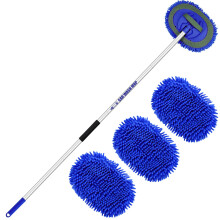 160cm 63” Long Handle Car Wash Brush Microfibre Extendable Cleaning Mop Mitt for Caravan Truck Van Tyre Window Wheel Roof 2 In 1 Interior Duster