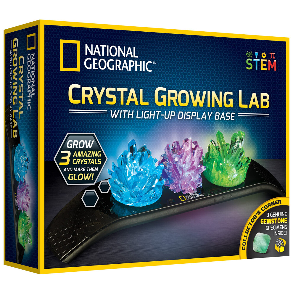 Crystal Growing Kit - 3 Vibrant Coloured Crystals to Grow with Light-Up Display Stand & Guidebook, Includes 3 Real Gemstone Specimens Including A