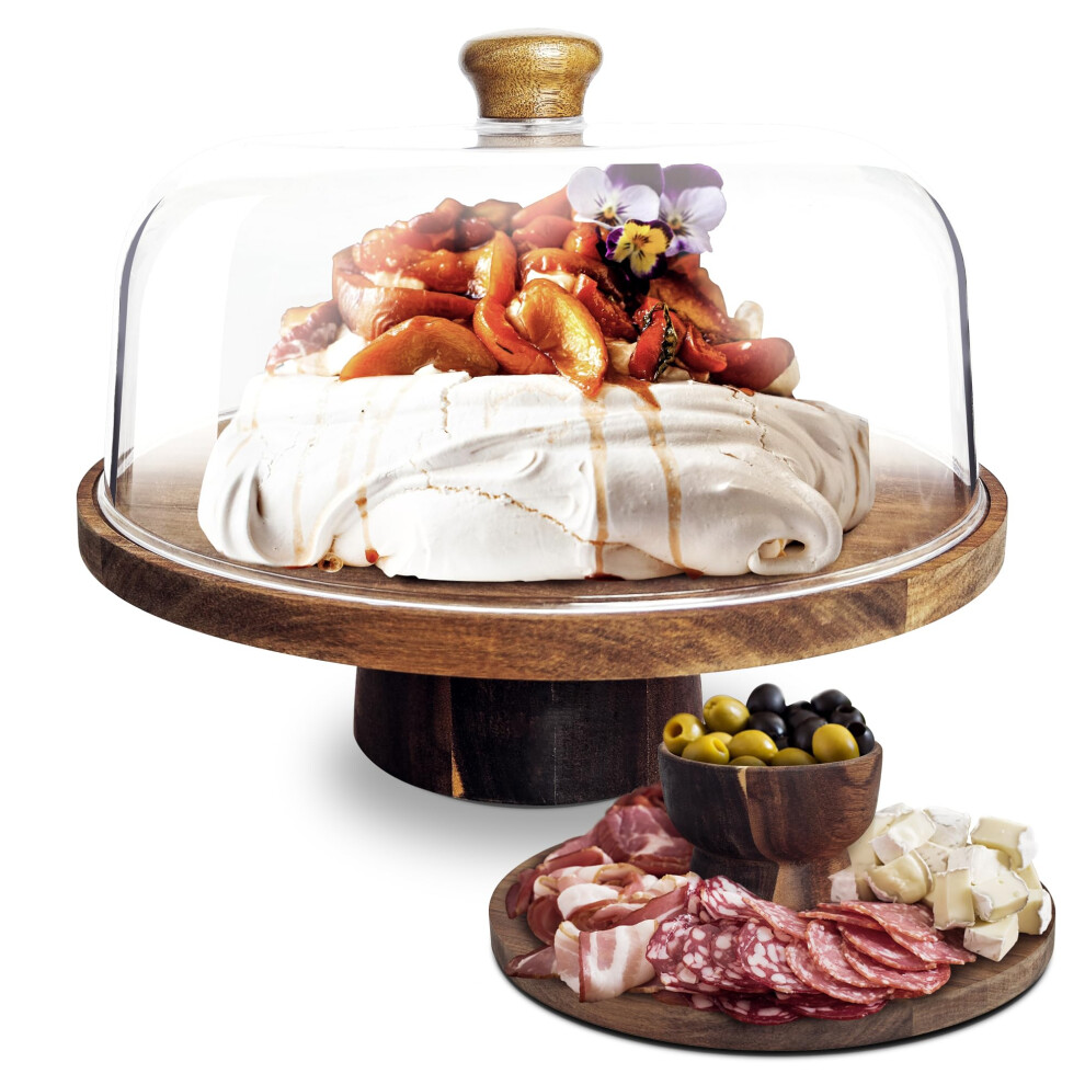 3-in-1 Cake Stand with Lid Rustic Acacia Wooden Cake Plate with Pedestal, Food serving Platter, Cheese Board, Acrylic Cover Shatterproof (Round)