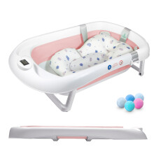 Foldable Baby Bath with Non-Slip Bath Cushion/Bath with Thermometer for Water Temperature Control/from Birth to 3 Years / 5 Plastic Balls (Pink 2)