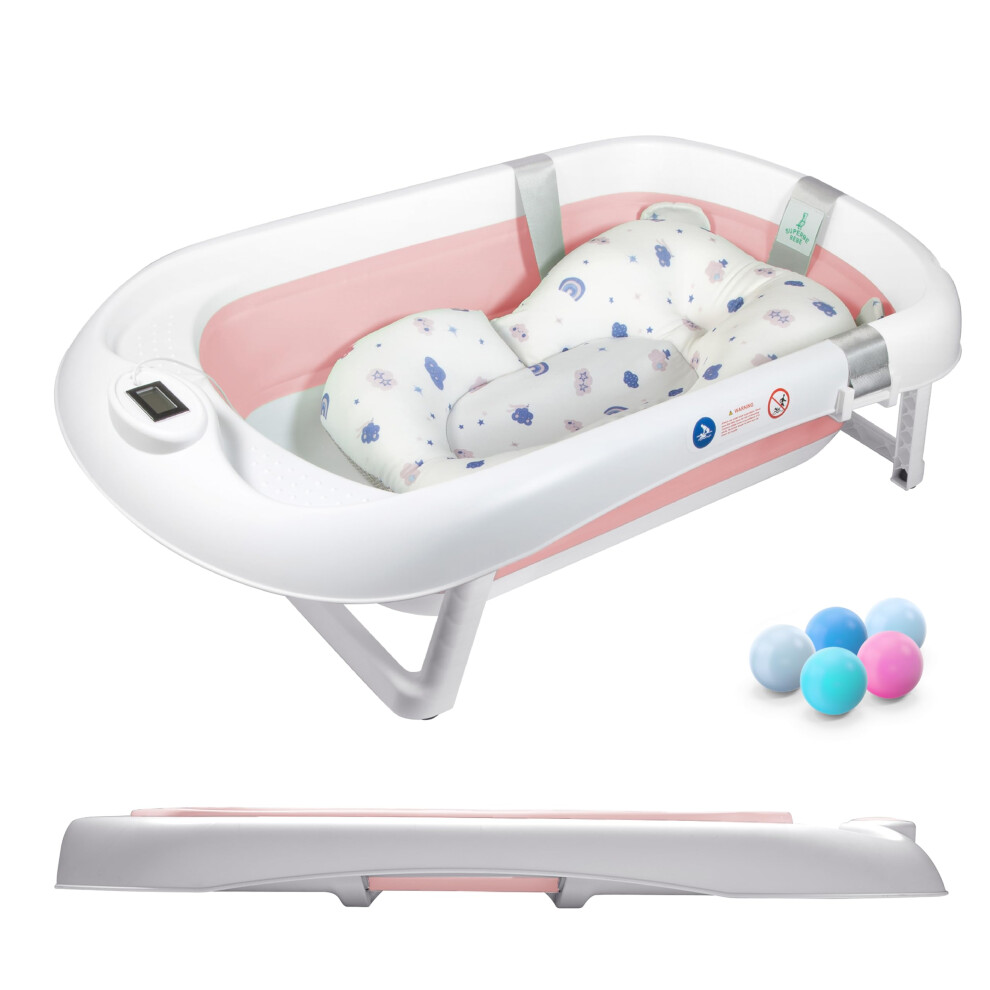 Superbe Bebe Foldable Baby Bath With Non-Slip Bath Cushion/Bath With Thermometer For Water Temperature Control/From Birth To 3 Years / 5 Plastic Balls (Pink 2)
