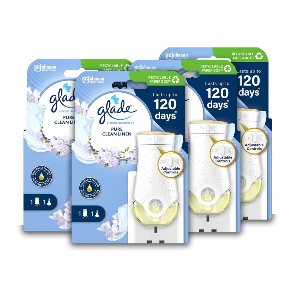 Plug in Air Freshener Holder and Refill, Electric Scented Oil Room Air Freshener, Clean Linen, Pack of 4 Starter Kits, (4 x Holder and 4 x 20 ml