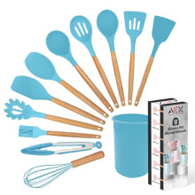 Silicone Cooking Utensils Kitchen Utensil Set, 12 Pieces Natural Wooden Handles Cooking Tool BPA Free Spatula Kitchen Gadgets Utensil Set [Blue]