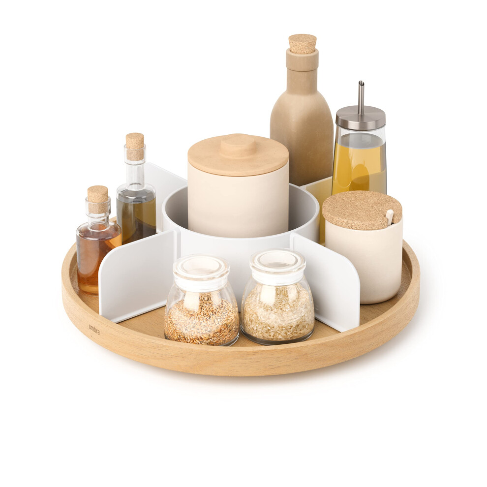 Bellwood Lazy Susan Turntable Countertop Organizer, Revolving Cupboard Spice Rack Condiment Holder, White/Natural