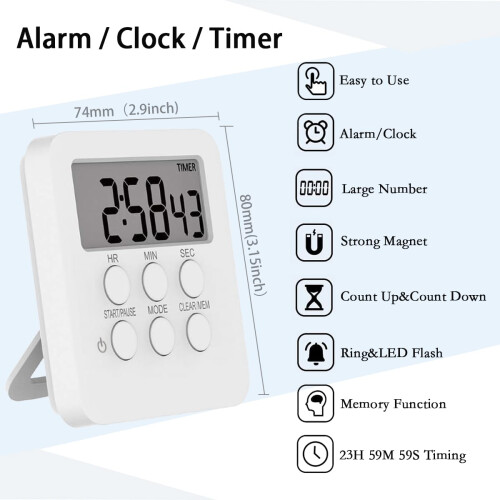 Magnetic Kitchen Digital Timer Clock Alarm with Mute/Loud Alarm Switch,3 in 1 Multifunctional 24H Count UP/Down Timer,Large LCD Display Memory 2