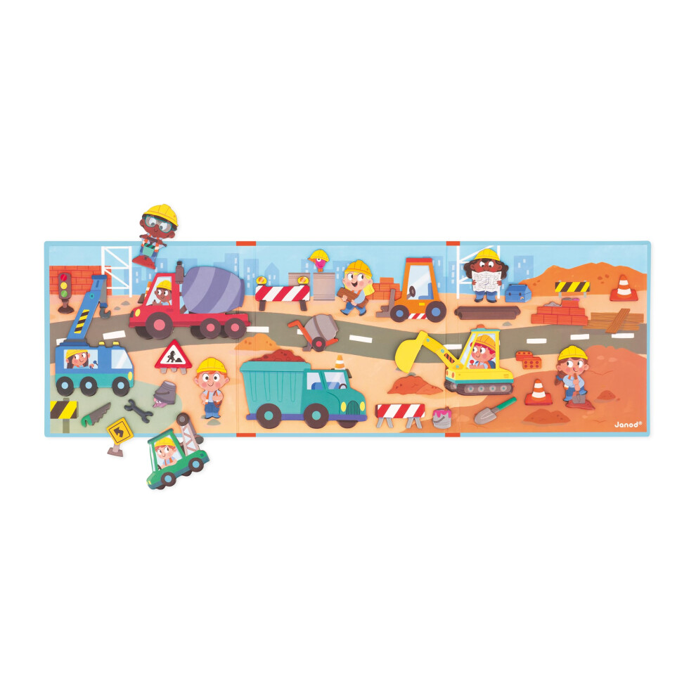 Janod - Magnéti'stories The Building Site - 30-Magnet Educational Game - Children's Fsc Cardboard Toy - Develops Imagination & Fine Motor Skills - 3