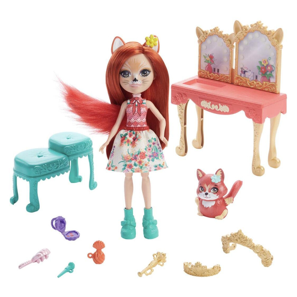 Fisher-Price Enchantimals GYJ05 - Royal Dressing Table Playset with Fabrina Fox Doll (approx. 15.2 cm) and 1 Animal, Toy for Children from 4 Years