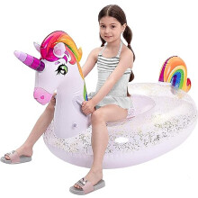 Inflatable Unicorn Pool Float with Glitters Ride On Unicorn Raft, Pool Toys, Summer Party Lounge Raft Decorations for Kids (152.4 x 74.93 x 85.09cm)