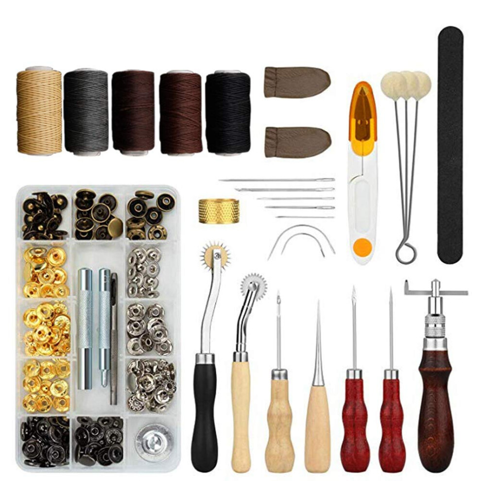 Leather Working Tools 28 PCS Leather Craft Tools Hand Stitching Tools Set Sewing Saddle Groover Punch Hole Thread Awl Snap Fasteners Kit