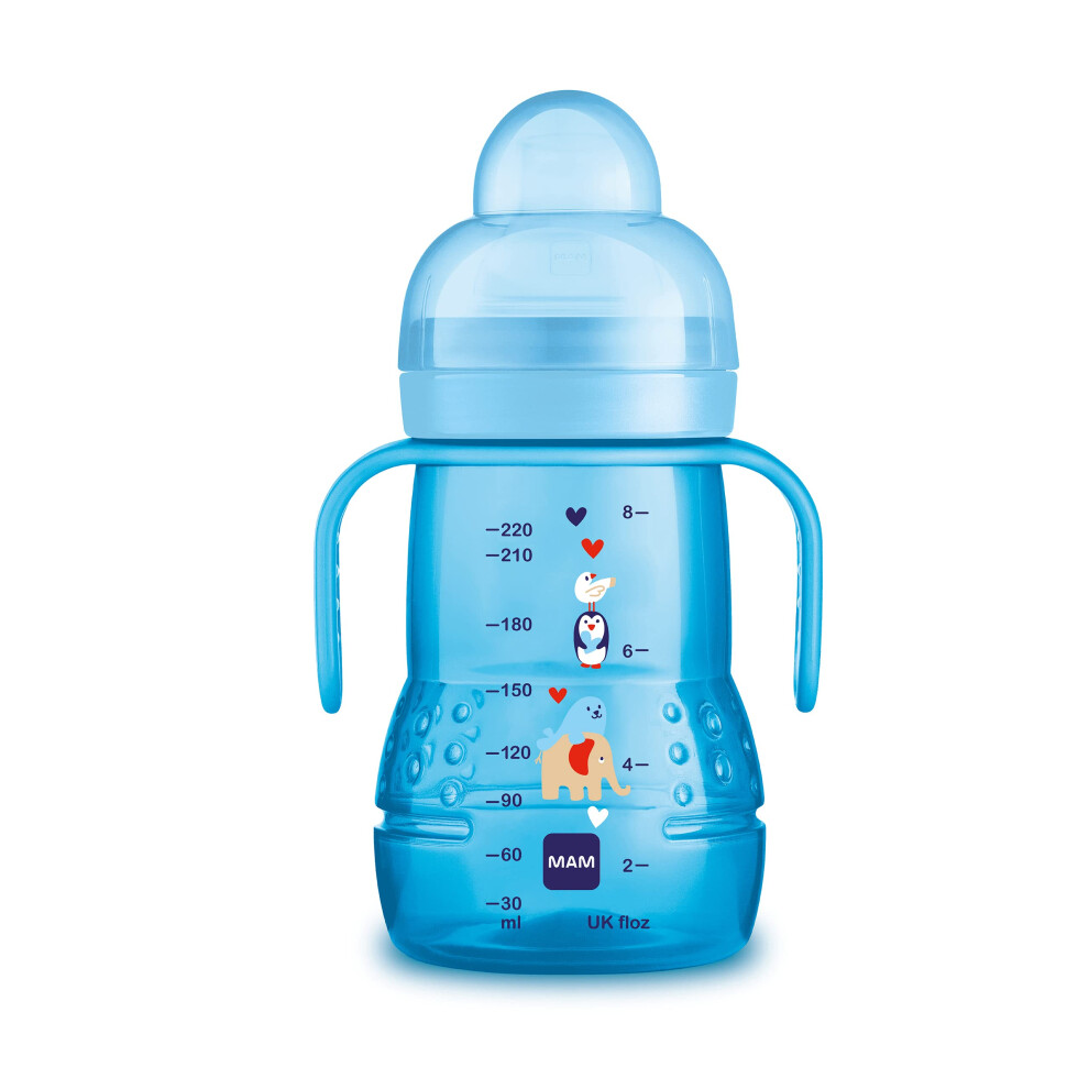 Trainer+ (220 ml), Drinking Bottle for Transition to a Cup, with drip-Free Teat, spout and Handle, 4+ Months, Elephant, Blue