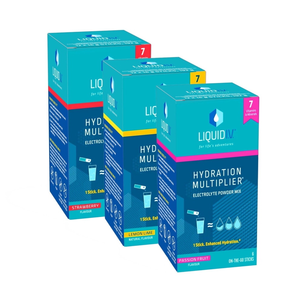 Liquid I.v. Hydration Multiplier Electrolyte Powder Mix Lemon Lime + Passionfruit + Strawberry 6 X 3, 18 Sachets