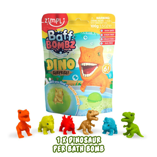 Large 100g Dino Surprise Bath Bomb with 1 Hidden Toy Inside - Collect 6 Dinosaurs - Safe Fun Gift for Kids