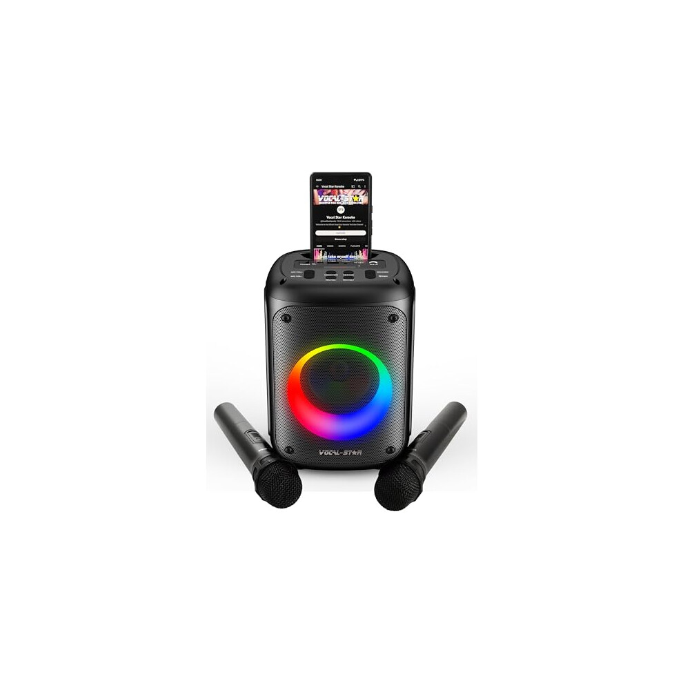 VS-275 Karaoke Machine with 2 Wireless Microphones, Portable Bluetooth Speaker with phone holder, 60w Speaker, Light Effects, Records Singing, TWS,