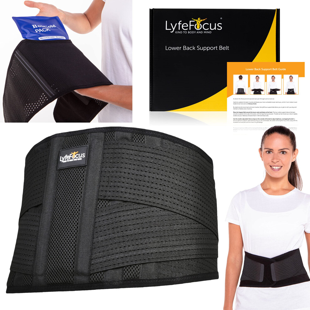 Lyfefocus Premium Adjustable Lower Back Support Belt For Men & Women - Breathable Lumbar Support Brace Supplied With Reusable Hot Cold Pack For Pain & Muscle