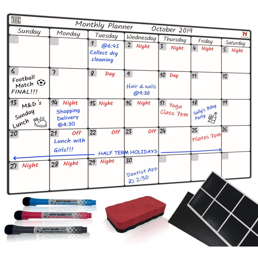 Magnetic Calendar Monthly Planner Whiteboard, Fridge, Wall or Cupboard Mounting System, Ideal Family Organiser, Reminder, Plus 8 Reusable Sticky Pads,