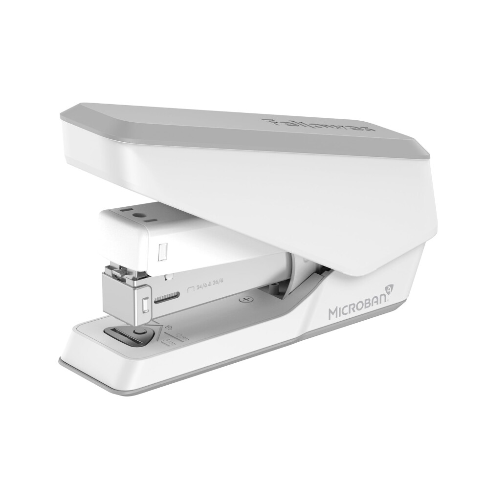 Jam Free Stapler, 25 Sheet Capacity - LX840 Easy-Press Half Strip Antibacterial Manual Stapler – Uses Both 24/6mm and 26/6mm Staples – White