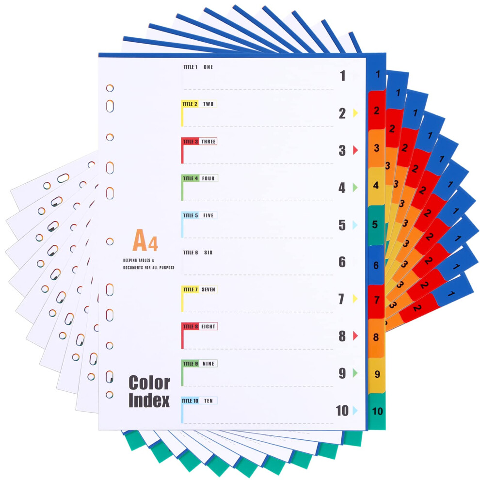 A4 Index File Dividers 10 Part (10 Pack) A4 Plastic Subject Dividers 11-Hole Punched Reinforced Multi-Colour Numbered 1-10 Tabs for Office School Home