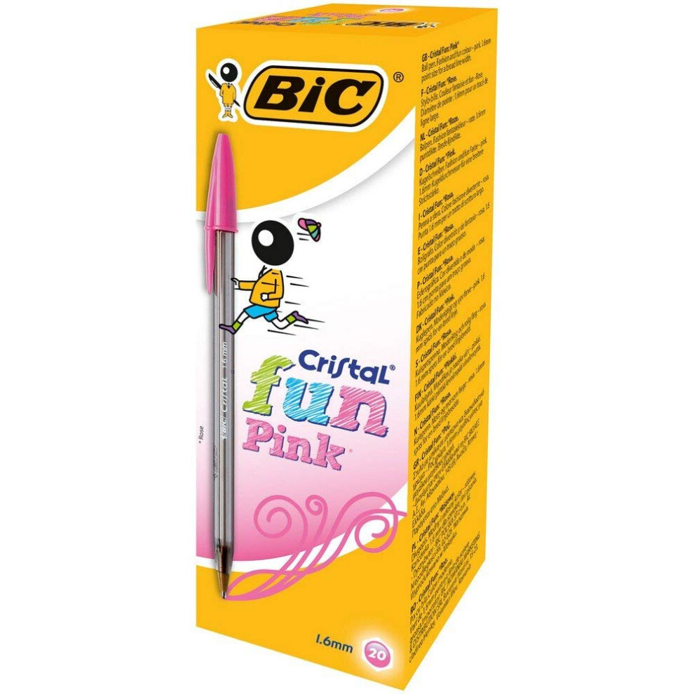 Cristal Fun Ballpoint Pens, Pink Ink Smudge-Proof Writing Pens and Wide Point (1.6mm), Pack of 20