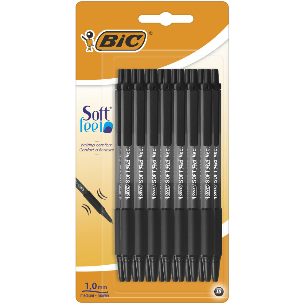 Soft Feel Click Grip Ballpoint Pens, 1.0 mm Retractable Point, Soft-Touch Rubber Grip, Black, pack of 15