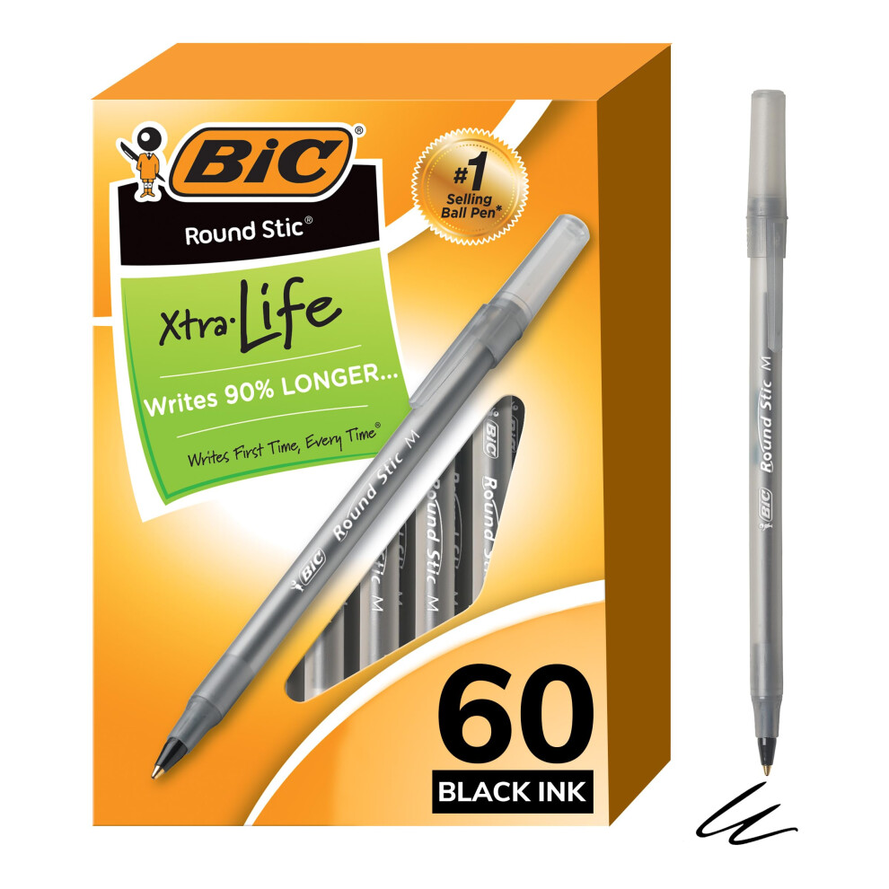 Round Stic Xtra Life Ballpoint Pens, Medium Point (1.0mm), Black, 60-Count Pack, Flexible Round Barrel For Writing Comfort (GSM609-BLK)