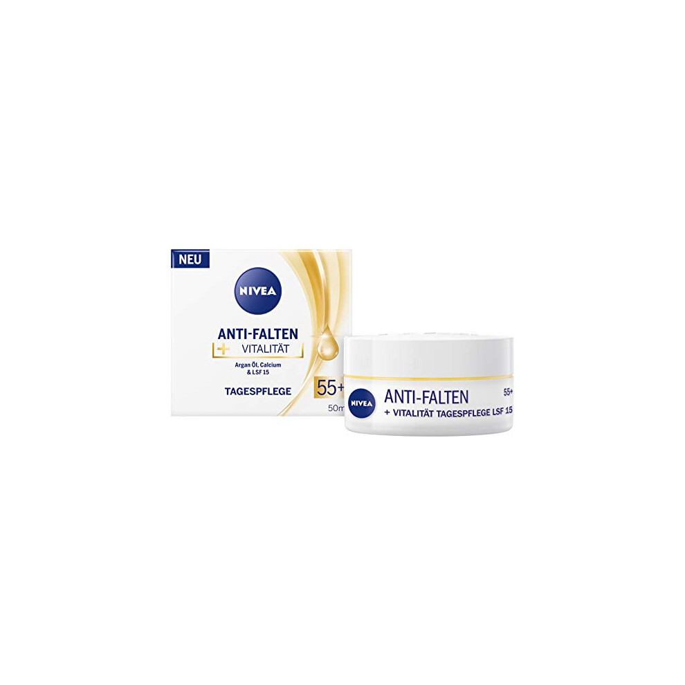 Anti-Wrinkle + Vitality Day Cream SPF 15 55+ (50 ml), Face Cream with Argan Oil and Calcium, Day Cream Visibly Reduces Lines and Wrinkles