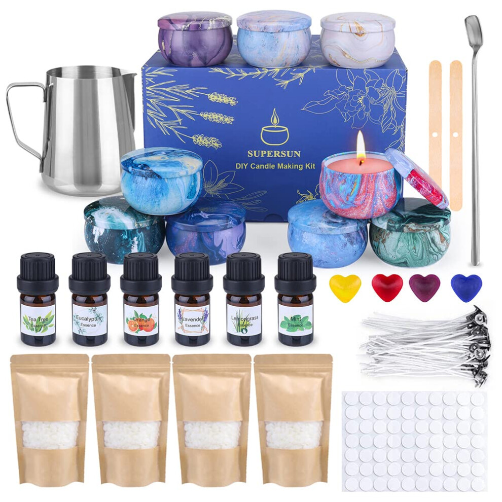Supersun Candle Making Kit, Wax Melt Making Kit, Make Your Own Scented Candles, 480G Beeswax Pellets, 50 Candle Wicks, 4 Colour Dyes, 500Ml Wax Melting Pot,