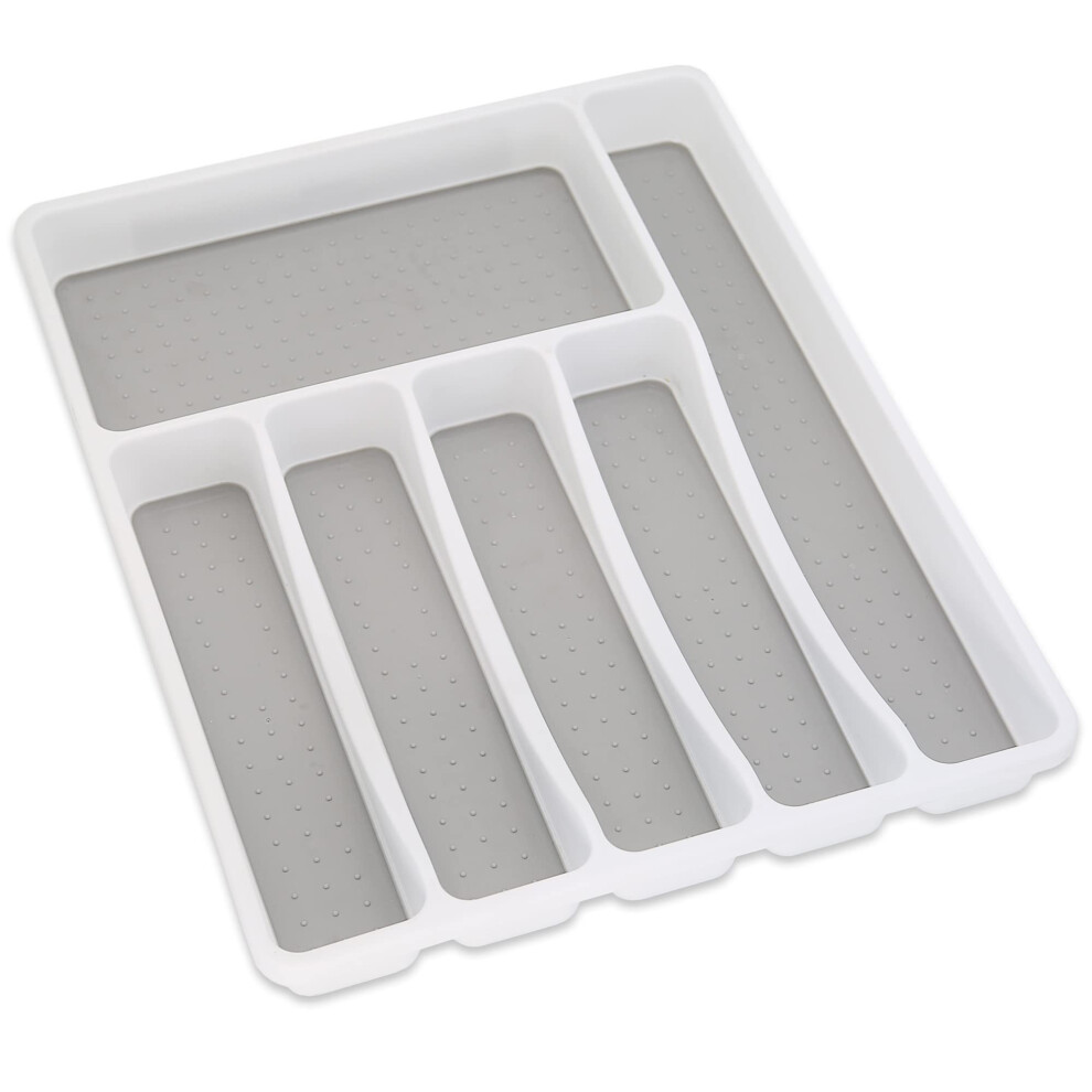 Premium Soft touch 6 Compartment kitchen Cutlery Drawer Utensil Organiser Tray, White & Grey new 6 Sections
