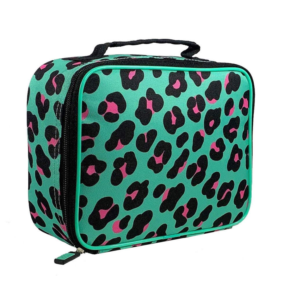 Kids Animal Print Lunch Insulated, Reusable Cooler Bag-Adjustable Shoulder Strap-Wipe Clean PEVA Lining-for Meals & Leftovers-Green, Black & Pink,