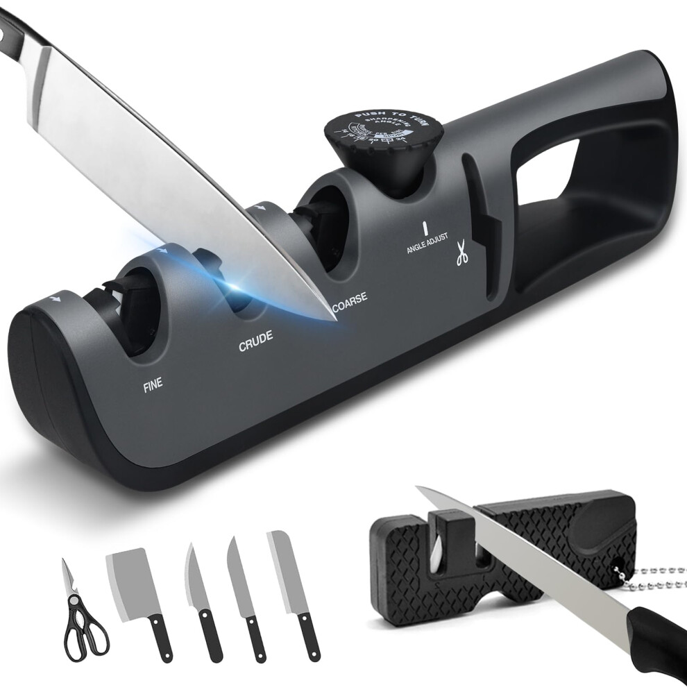Knife Sharpener, Professional 4 in 1 Manual Sharpeners with Pocket Sharpener, Ergonomic Handle Sharpeners with Adjustable Angle Knob Makes Sharpening