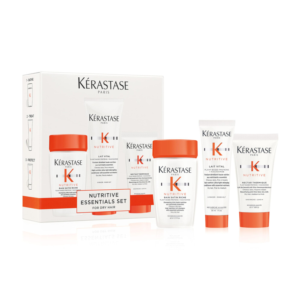 Kérastase Nutritive Travel-Size Discovery Gift Set, Hydrating Shampoo, Conditioner and Blow Dry Milk, Richly Nourishing Routine For Dry Hair, Protein